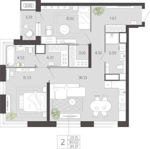 2-к квартира, вторичка, 89м2, 7/21 этаж