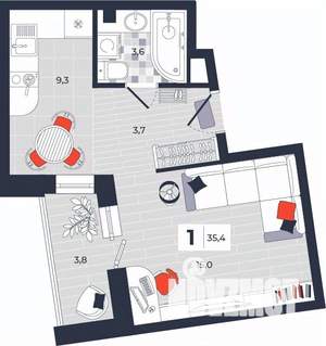 1-к квартира, строящийся дом, 35м2, 2/14 этаж