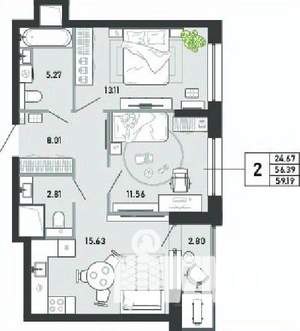 2-к квартира, вторичка, 59м2, 4/21 этаж