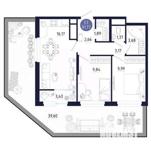 3-к квартира, строящийся дом, 92м2, 1/25 этаж