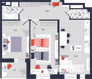 3-к квартира, строящийся дом, 75м2, 13/14 этаж