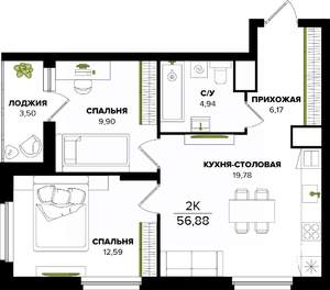 2-к квартира, вторичка, 57м2, 25/25 этаж