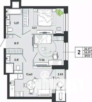 2-к квартира, вторичка, 59м2, 6/21 этаж