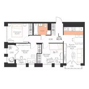 3-к квартира, строящийся дом, 62м2, 2/5 этаж