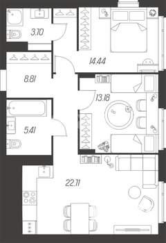 3-к квартира, вторичка, 68м2, 14/15 этаж