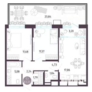 1-к квартира, строящийся дом, 83м2, 1/10 этаж