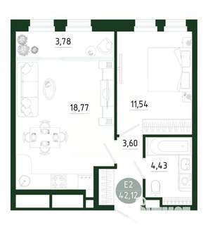 1-к квартира, строящийся дом, 42м2, 17/25 этаж