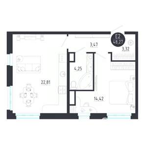1-к квартира, строящийся дом, 48м2, 7/8 этаж