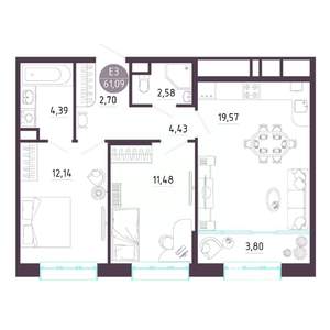 2-к квартира, строящийся дом, 61м2, 3/10 этаж