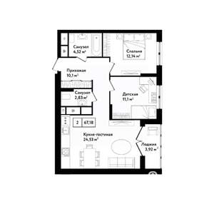 2-к квартира, строящийся дом, 71м2, 25/25 этаж