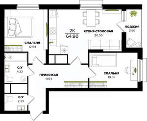 2-к квартира, строящийся дом, 65м2, 2/25 этаж