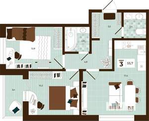 3-к квартира, строящийся дом, 56м2, 12/14 этаж