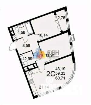 2-к квартира, вторичка, 61м2, 12/16 этаж