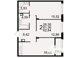 2-к квартира, строящийся дом, 61м2, 7/9 этаж