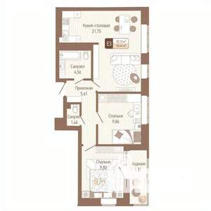 2-к квартира, строящийся дом, 54м2, 12/14 этаж