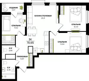 3-к квартира, вторичка, 79м2, 20/25 этаж