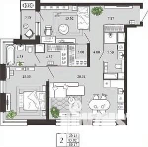 2-к квартира, вторичка, 89м2, 17/21 этаж