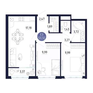 2-к квартира, вторичка, 53м2, 3/25 этаж