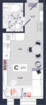 Студия квартира, строящийся дом, 28м2, 2/14 этаж