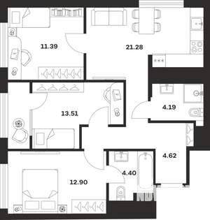 3-к квартира, строящийся дом, 72м2, 14/25 этаж