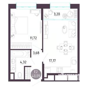 1-к квартира, строящийся дом, 40м2, 2/10 этаж
