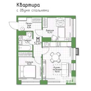 2-к квартира, строящийся дом, 53м2, 3/5 этаж