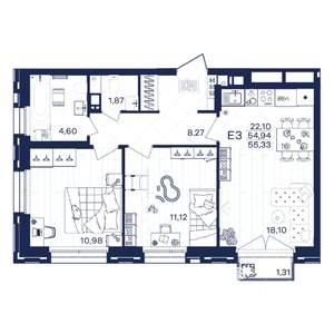 2-к квартира, строящийся дом, 55м2, 3/15 этаж
