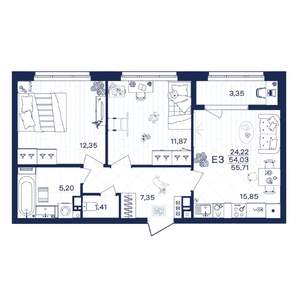 2-к квартира, строящийся дом, 56м2, 6/15 этаж