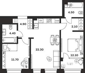2-к квартира, строящийся дом, 66м2, 22/24 этаж