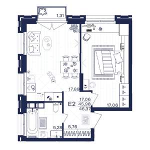 1-к квартира, строящийся дом, 46м2, 5/15 этаж