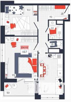 2-к квартира, вторичка, 61м2, 3/14 этаж