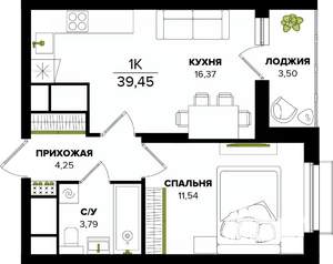 1-к квартира, строящийся дом, 39м2, 17/25 этаж