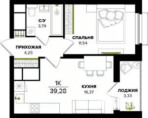 1-к квартира, строящийся дом, 39м2, 13/25 этаж