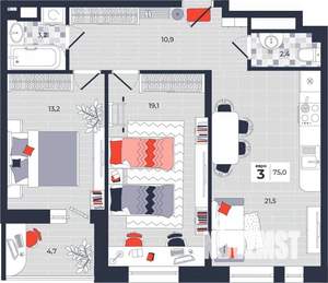 3-к квартира, строящийся дом, 75м2, 9/14 этаж