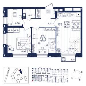 2-к квартира, строящийся дом, 55м2, 2/15 этаж