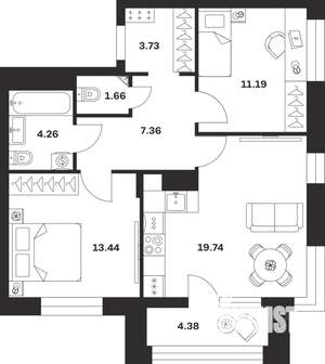 2-к квартира, вторичка, 66м2, 2/13 этаж