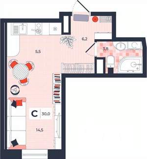 Студия квартира, строящийся дом, 30м2, 12/14 этаж