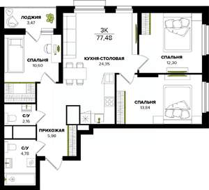 3-к квартира, вторичка, 77м2, 23/25 этаж