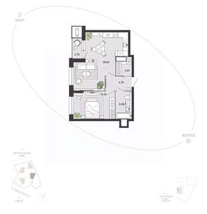1-к квартира, вторичка, 59м2, 11/21 этаж