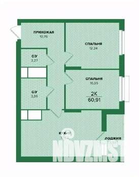 2-к квартира, строящийся дом, 61м2, 19/25 этаж