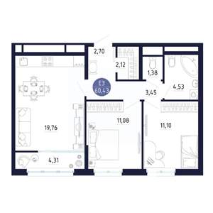 2-к квартира, строящийся дом, 60м2, 17/25 этаж