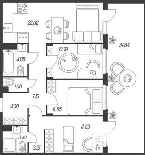 3-к квартира, вторичка, 90м2, 1/16 этаж