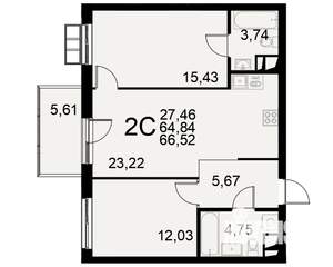 2-к квартира, строящийся дом, 65м2, 3/11 этаж
