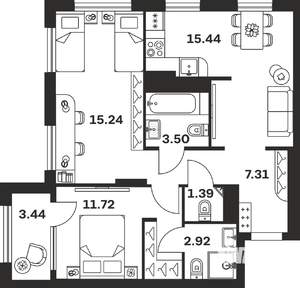 2-к квартира, вторичка, 61м2, 15/15 этаж