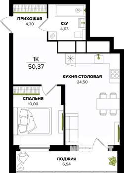 1-к квартира, строящийся дом, 50м2, 25/25 этаж