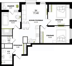 3-к квартира, вторичка, 77м2, 19/25 этаж
