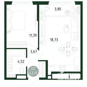 1-к квартира, строящийся дом, 42м2, 13/25 этаж
