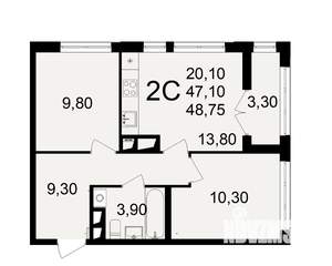 2-к квартира, строящийся дом, 47м2, 11/18 этаж
