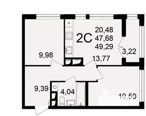 2-к квартира, строящийся дом, 48м2, 9/18 этаж
