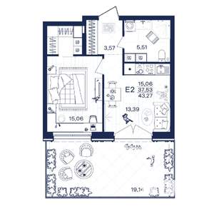 1-к квартира, строящийся дом, 43м2, 1/15 этаж